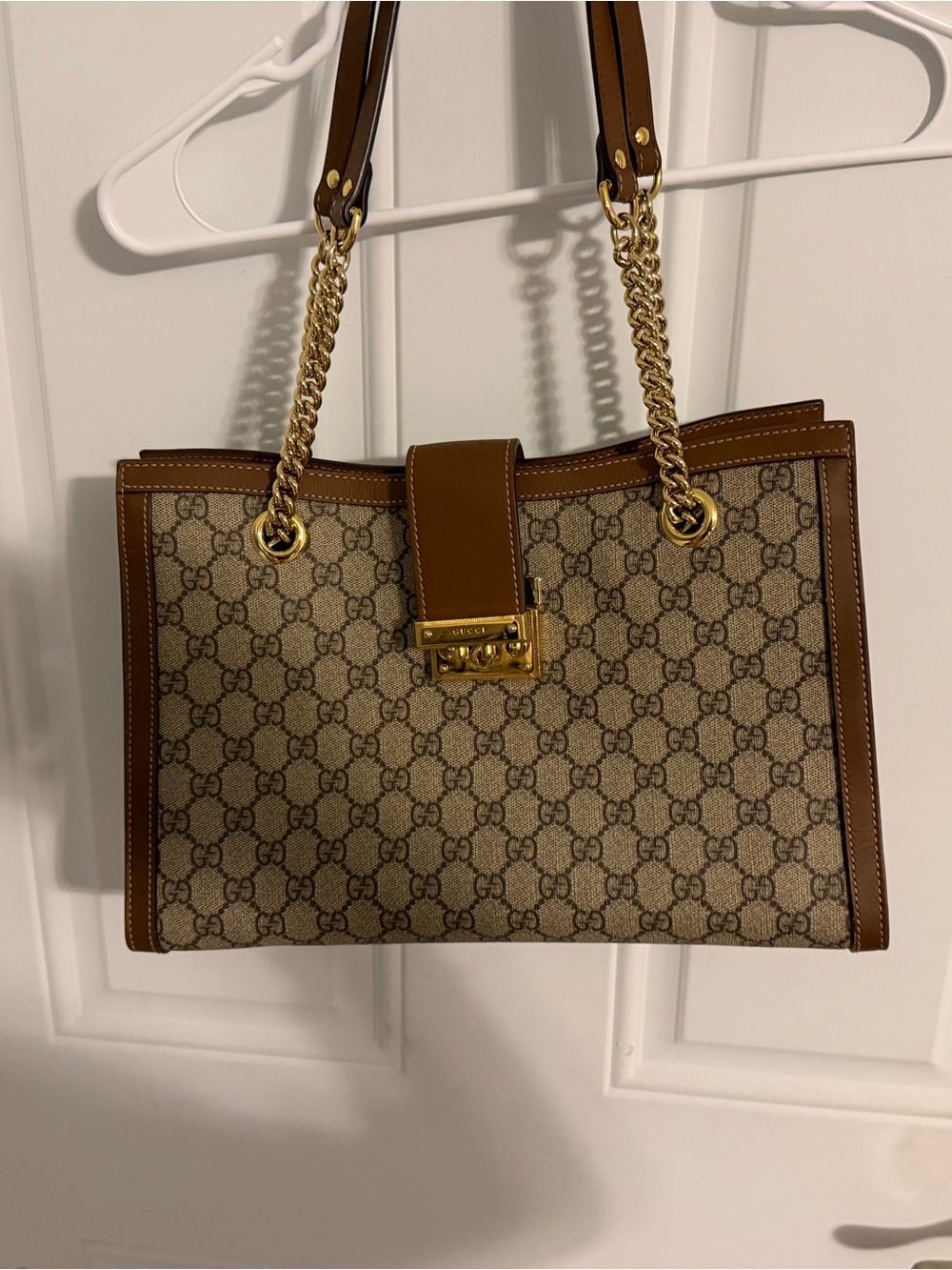 Gucci Brown GG Monogram Canvas Tote with Gold Chain Straps